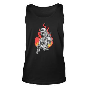 Skeleton Playing Electric Guitar Flames Rock Music Unisex Tank Top | Mazezy