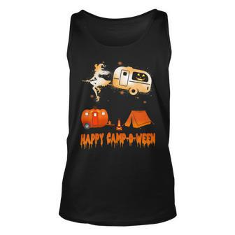 Womans Happy Camp O Ween Witches Camping Halloween T Shirt Unisex Tank Top - Monsterry