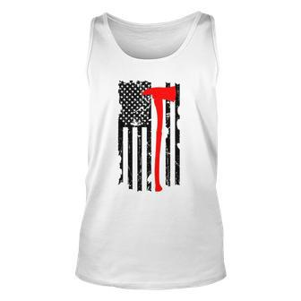 Distressed Patriot Axe Thin Red Line American Flag Unisex Tank Top | Mazezy