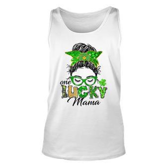 One Lucky Mama St Patricks Day Irish Shamrock Messy Bun Mom Unisex Tank Top | Favorety UK