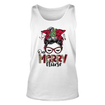 One Merry Nurse Messy Bun Tee Christmas Scrubs For Nurses Unisex Tank Top | Favorety