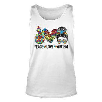 Peace Love Autism Mom Life Messy Bun Blue Autism Awareness Unisex Tank Top | Favorety AU