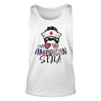 Stna All American Nurse Messy Buns Hair 4Th Of July Day Usa Unisex Tank Top - Seseable