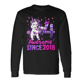 4 Years Old Unicorn Flossing 4Th Birthday Girl Unicorn Party T-Shirt Long Sleeve T-Shirt - Seseable