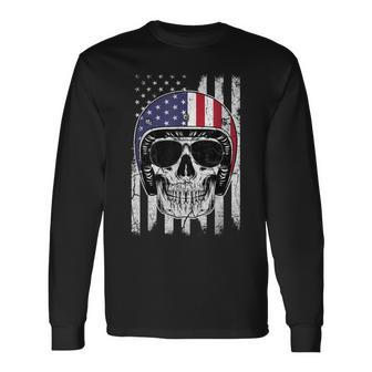 4Th Of July American Flag Skull Motorcycle Men Dad Long Sleeve T-Shirt - Seseable