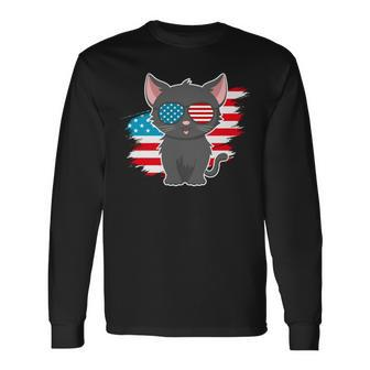 4Th Of July Cat Lover Patriotic American Flag Kitten Mom Dad Long Sleeve T-Shirt - Seseable