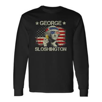 4Th Of July Merica George Sloshington Beer Drinking Usa Flag Long Sleeve T-Shirt T-Shirt | Mazezy