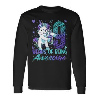 9Th Birthday 9 Year Old Girl Flossing Unicorn Party Long Sleeve T-Shirt - Seseable