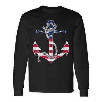 American Flag Patriotic Anchor Memorial Day 4Th Of July Long Sleeve T-Shirt - Seseable