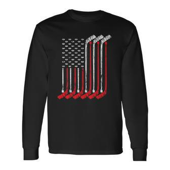 American Flag Vintage Retro Ice Hockey Sports Patriot Long Sleeve T-Shirt T-Shirt | Mazezy