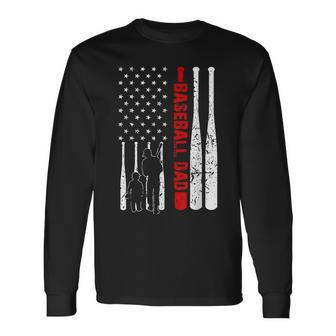 Baseball Dad Dad And Son American Flag 4Th Of July Long Sleeve T-Shirt - Seseable