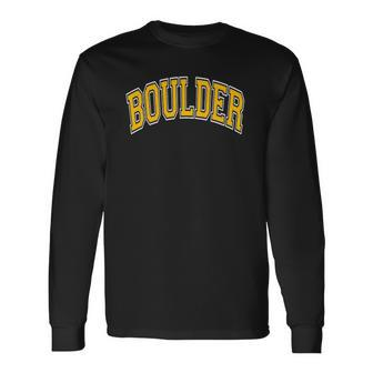 Boulder Colorado Co Varsity Style Amber Text Long Sleeve T-Shirt T-Shirt | Mazezy