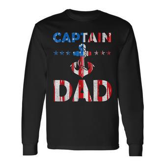 Captain Dad Boat Owner American Flag 4Th Of July Long Sleeve T-Shirt - Seseable