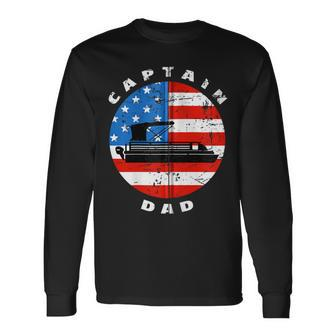 Captain Dad Pontoon Boat Retro Us Flag 4Th Of July Boating Zip Long Sleeve T-Shirt - Seseable