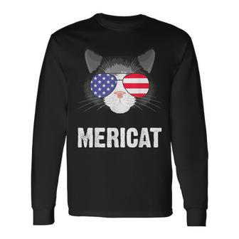 Cat American Flag Independence Day Mericat 4Th Of July Long Sleeve T-Shirt - Seseable