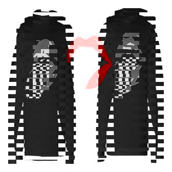 Checkerboard Red Lips Checkered Tongue Out Long Sleeve T-Shirt - Thegiftio