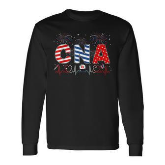 Cna 4Th Of July American Flag Patriotic Usa Stethoscope Long Sleeve T-Shirt - Seseable