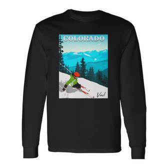 Colorado Vail Mountains Retro Travel Graphic Long Sleeve T-Shirt T-Shirt | Mazezy