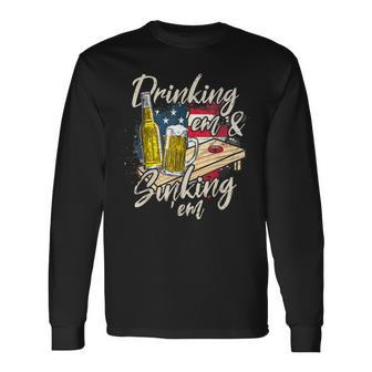 Cornhole Beer Drinking Em Sinking Em 4Th Of July Long Sleeve T-Shirt - Seseable