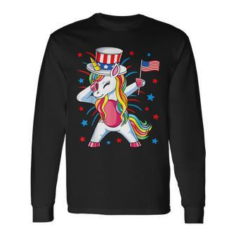 Dabbing Unicorn 4Th Of July Uncle Sam Girls American Flag Long Sleeve T-Shirt - Seseable