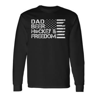 Dad Beer Coach & Freedom Hockey Us Flag 4Th Of July Long Sleeve T-Shirt - Seseable