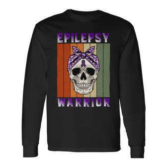 Epilepsy Warrior Skull Women Vintage Purple Ribbon Epilepsy Epilepsy Awareness Long Sleeve T-Shirt - Monsterry CA