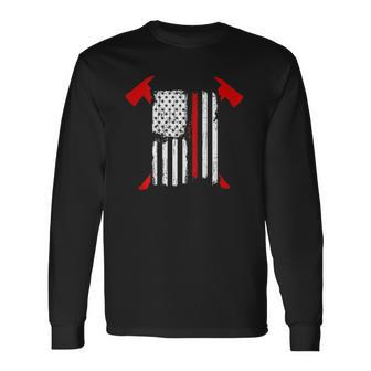 Firefighter Red Line Us Flag Crossed Axes Printed Back Long Sleeve T-Shirt T-Shirt | Mazezy