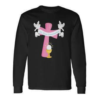 First Communion Pink Cross Long Sleeve T-Shirt T-Shirt | Mazezy