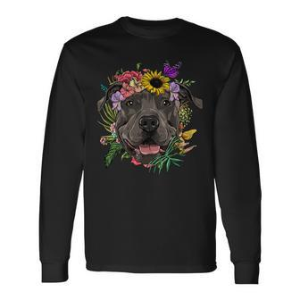 Floral Pit Bull Dog Spring Nature Dog Lovers T-Shirt Long Sleeve T-Shirt - Seseable