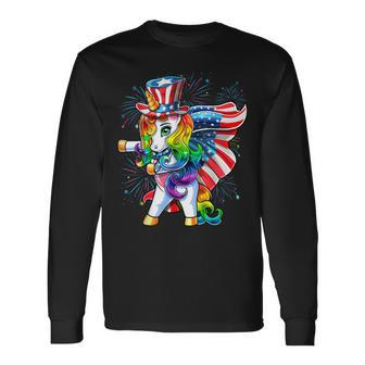 Flossing Unicorn 4Th Of July American Flag Uncle Sam Girls Long Sleeve T-Shirt - Seseable