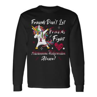 Friends Dont Let Friends Fight Arteriovenous Malformation Alone Unicorn Burgundy Ribbon Arteriovenous Malformation Support Arteriovenous Malformation Awareness Long Sleeve T-Shirt - Monsterry AU