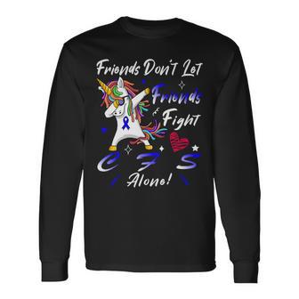 Friends Dont Let Friends Fight Chronic Fatigue Syndrome Cfs Alone Unicorn Blue Ribbon Chronic Fatigue Syndrome Support Cfs Awareness V2 Unisex Long Sleeve | Favorety