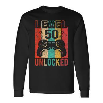 Fun 50Th Birthday Level 50 Unlocked Retro Graphic Birthday Long Sleeve T-Shirt - Seseable