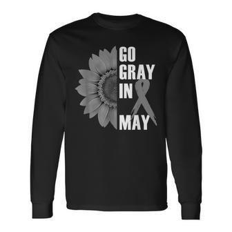 Go Gray In May Brain Cancer Awareness Grey Ribbon Sunflower Long Sleeve T-Shirt - Thegiftio UK