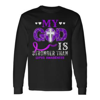 My God Is Stronger Than Lupus Awareness Month Purple Ribbon Long Sleeve T-Shirt - Thegiftio UK