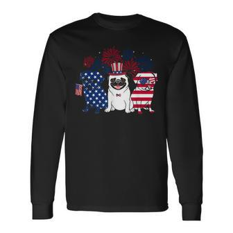 Happy 4Th July Three Blue White Pug And Red Long Sleeve T-Shirt - Seseable
