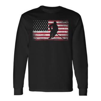 Hockey American Flag 4Th Of July Patriotic Usa Dad Men Son Long Sleeve T-Shirt - Seseable