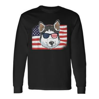 Husky Dad & Mom American Flag 4Th Of July Usa Siberian Husky Long Sleeve T-Shirt - Seseable