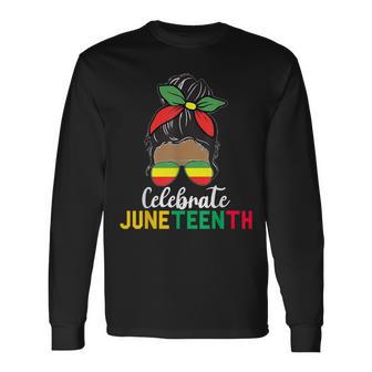 Juneteenth Outfit Messy Bun Eye Glasses Long Sleeve T-Shirt | Mazezy