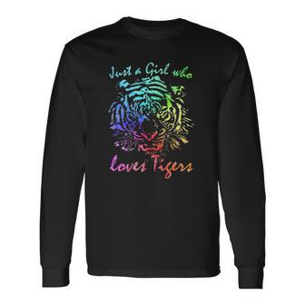 Just A Girl Who Loves Tigers Retro Vintage Rainbow Graphic Long Sleeve T-Shirt T-Shirt | Mazezy