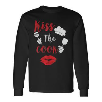 Kiss The Cook Chef Cooking Love Big Red Heart Valentines Day Long Sleeve T-Shirt - Seseable
