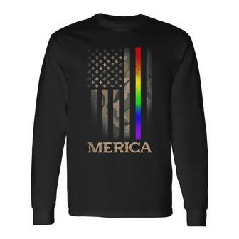 Lgbt Pride Rainbow Line Merica 4Th Of July Camo Us Flag Long Sleeve T-Shirt - Seseable