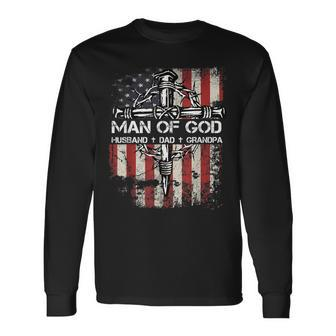 Man Of God Husband Dad Grandpa American Flag Christian Cross Long Sleeve T-Shirt - Thegiftio UK