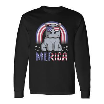 Merica Hippopotamus American Flag 4Th Of July Hippo Long Sleeve T-Shirt T-Shirt | Mazezy