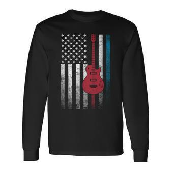 Musician Guitar Music 4Th Of July American Flag Usa America Long Sleeve T-Shirt - Seseable