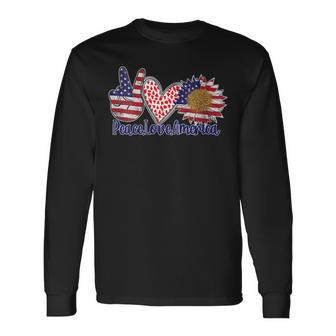 Peace Love America 4Th July Patriotic Sunflower Heart Sign Long Sleeve T-Shirt - Seseable