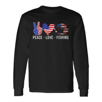 Peace Love Fishing America 4Th July Patriotic Heart Sign Long Sleeve T-Shirt - Seseable