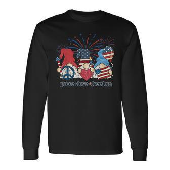 Peace Love Freedom Fireworks Gnomes 4Th Of July America Long Sleeve T-Shirt - Seseable