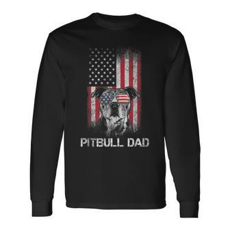 Pitbull American Flag 4Th Of July Pitbull Dad Mom Dog Lover Long Sleeve T-Shirt - Seseable