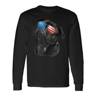 Pug 4Th Of July Dog Mom Dog Dad Usa Flag Black Pug Long Sleeve T-Shirt - Seseable